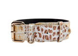 Classic dog collar with embossed croc pattern in glossy silver and bronze tones, featuring a gold-tone metal buckle and D-ring, shown flat on white background.