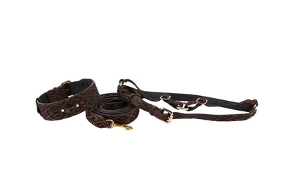 Elegant Black & Brown Pattern Italian Leather Collar & Leash & Harness
