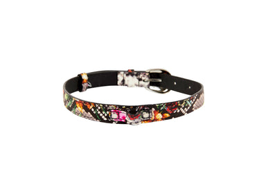 Floral, Scull, Snake Print Italian Leather Collar With Silver Oval
