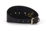 Black smooth Italian leather dog collar, 3 inches wide, with gold metal buckle and custom starfish-shaped hardware detail inside the band.