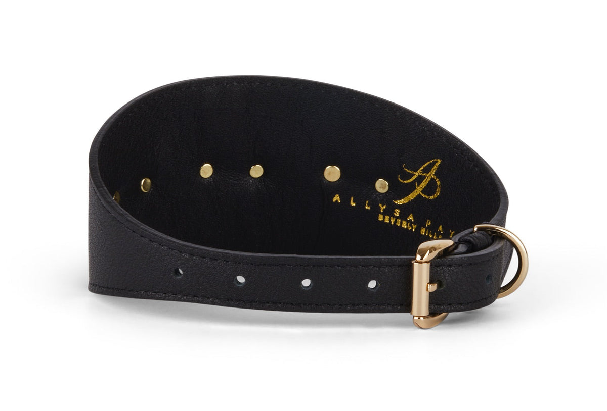 Black smooth Italian leather dog collar, 3 inches wide, with gold metal buckle and custom starfish-shaped hardware detail inside the band.