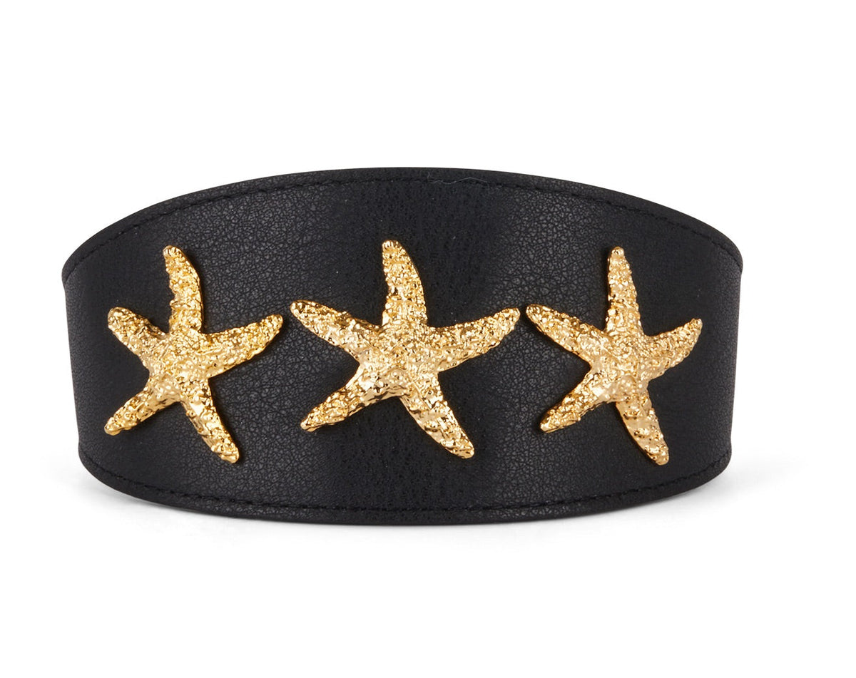 Smooth black Italian leather collar 3 inches wide with gold custom starfish detail