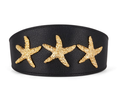 Smooth black Italian leather collar 3 inches wide with gold custom starfish detail