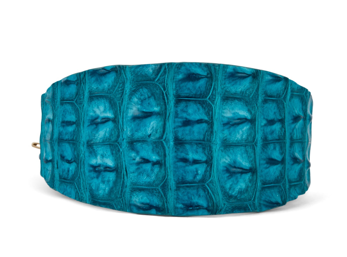 Turquoise blue wide 3-inch dog collar with croc texture laid flat on white background.