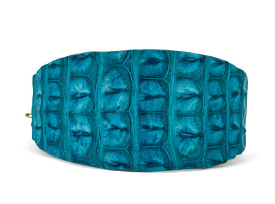 Turquoise blue wide 3-inch dog collar with croc texture laid flat on white background.