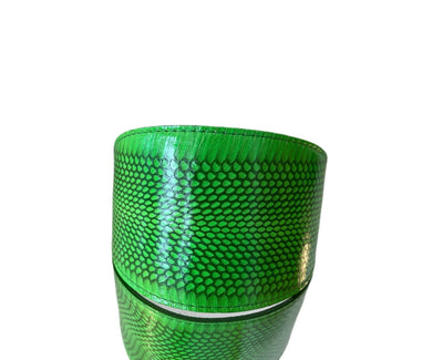 Neon green snake-patterned 4-inch oval pet collar by Allysa Payne Beverly Hills displayed on white background.