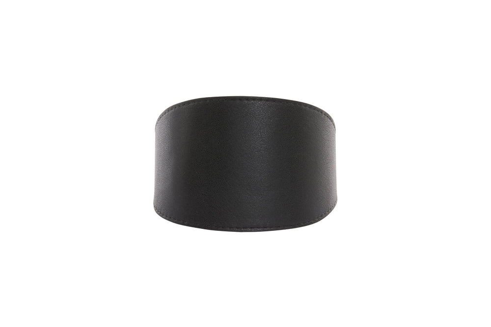 Black vegan leather collar shown flat and wide, with clean stitching along edges, displayed against a white background.