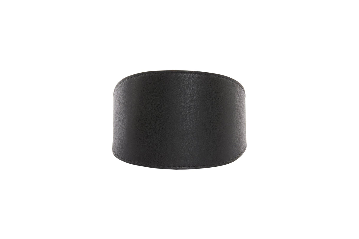 Black vegan leather collar shown flat and wide, with clean stitching along edges, displayed against a white background.