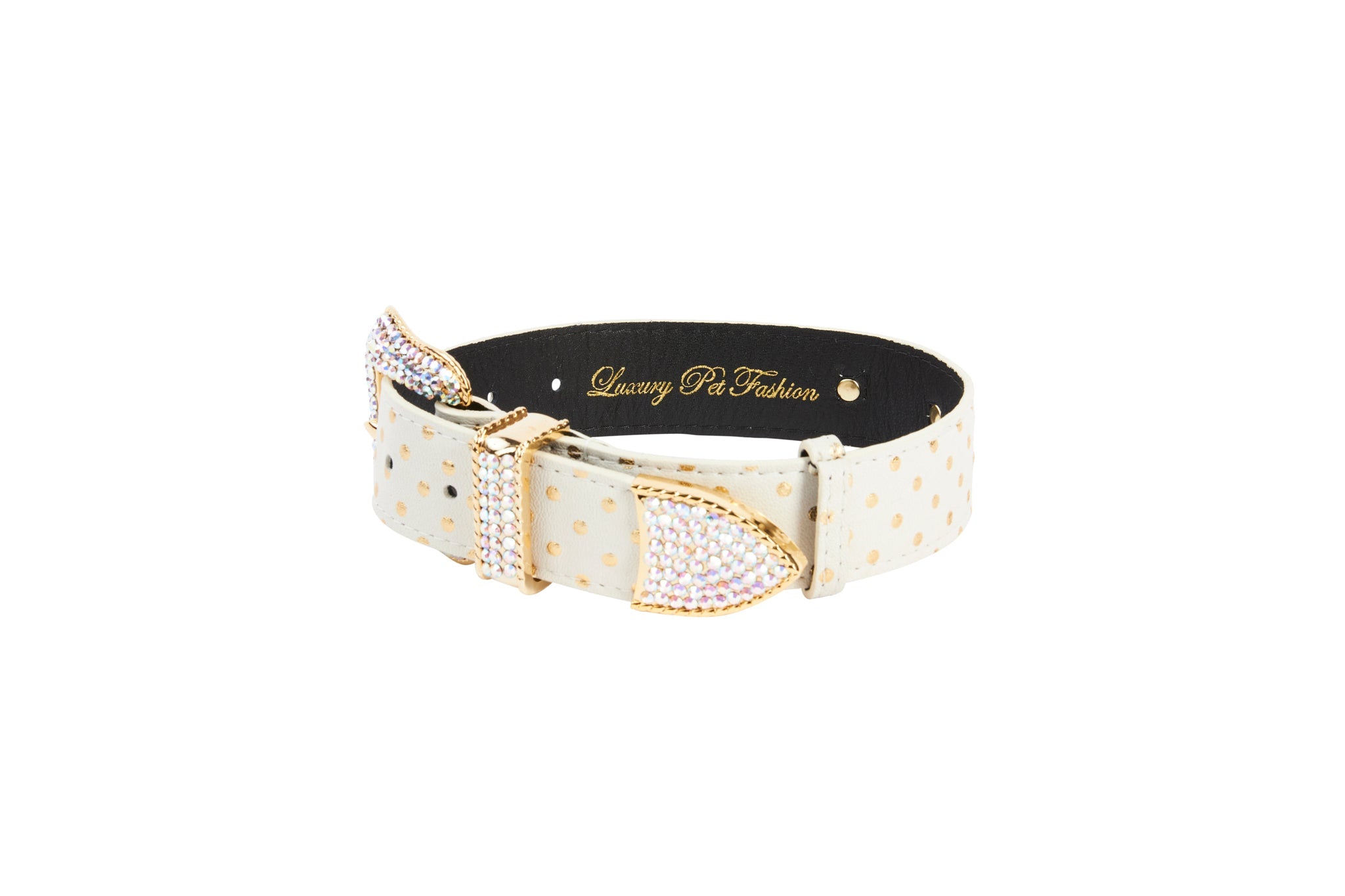 XL White and Gold Polka Dot Italian Leather/Swarovski Crystal Hardware