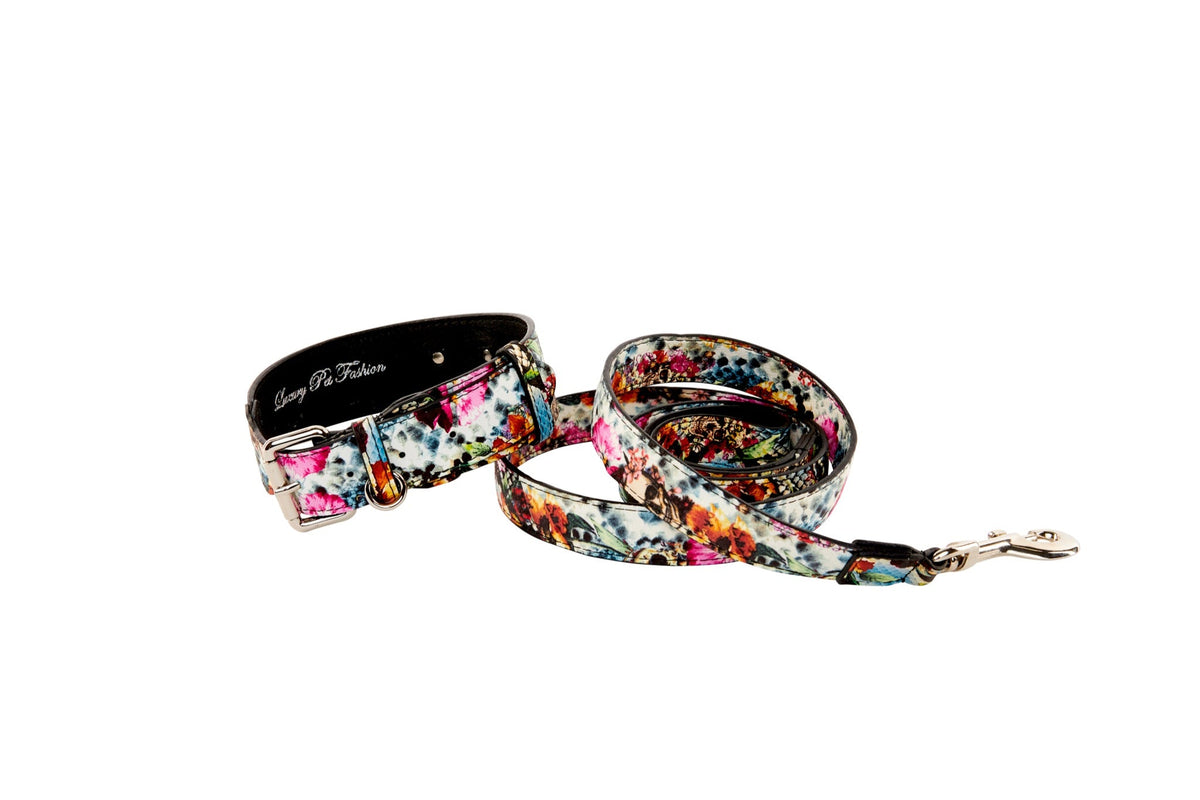 Classic collar and leash set featuring multicolored floral, skull, and snake print on Italian leather, shown coiled and fastened with silver hardware.