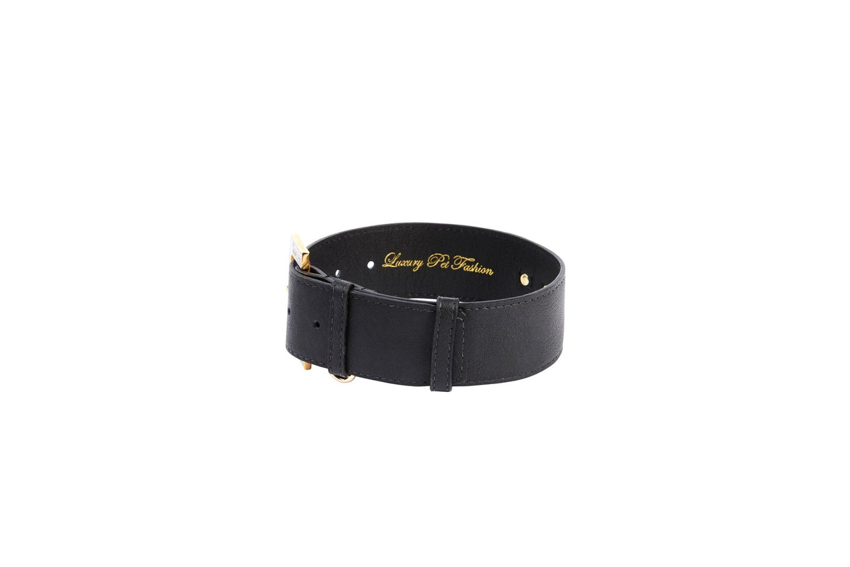 Wide black leather collar with gold buckle and two small gold rivets, featuring subtle embossed text inside the band.