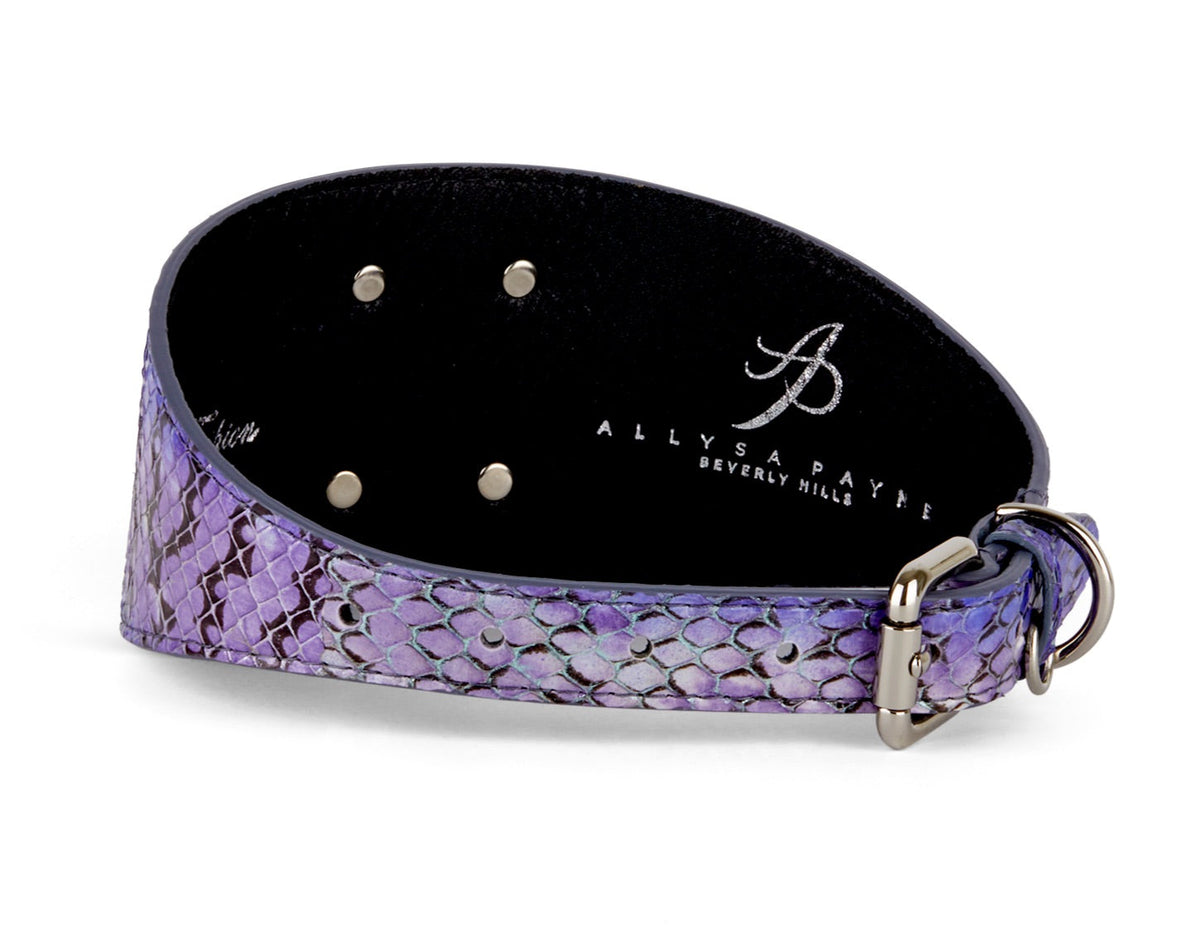 Purple iridescent snake-patterned 3-inch wide collar with large silver rivets and a silver buckle, featuring a black inner lining and embossed branding.