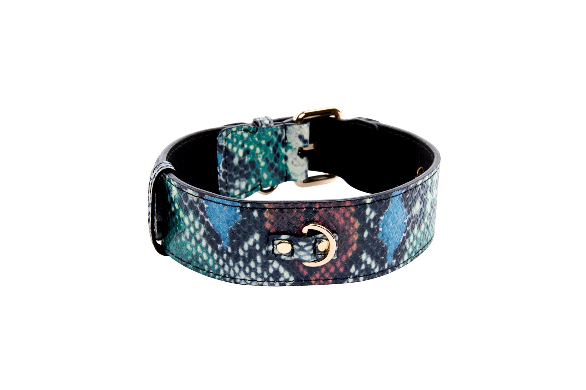 Green, Blue, Black, Red Embossed Snake Italian Leather Collar With Gold