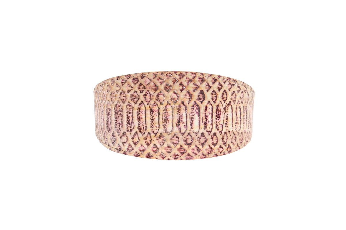 Wide collar made from light brown Italian leather embossed with a textured snake scale pattern, shown flat against a white background.