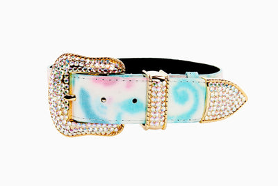 Abstract floral Italian leather dog collar with Swarovski crystal hardware laid out flat