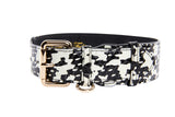 Black and white snake-print collar with a gold buckle and gold hardware ring, shown on a white background.