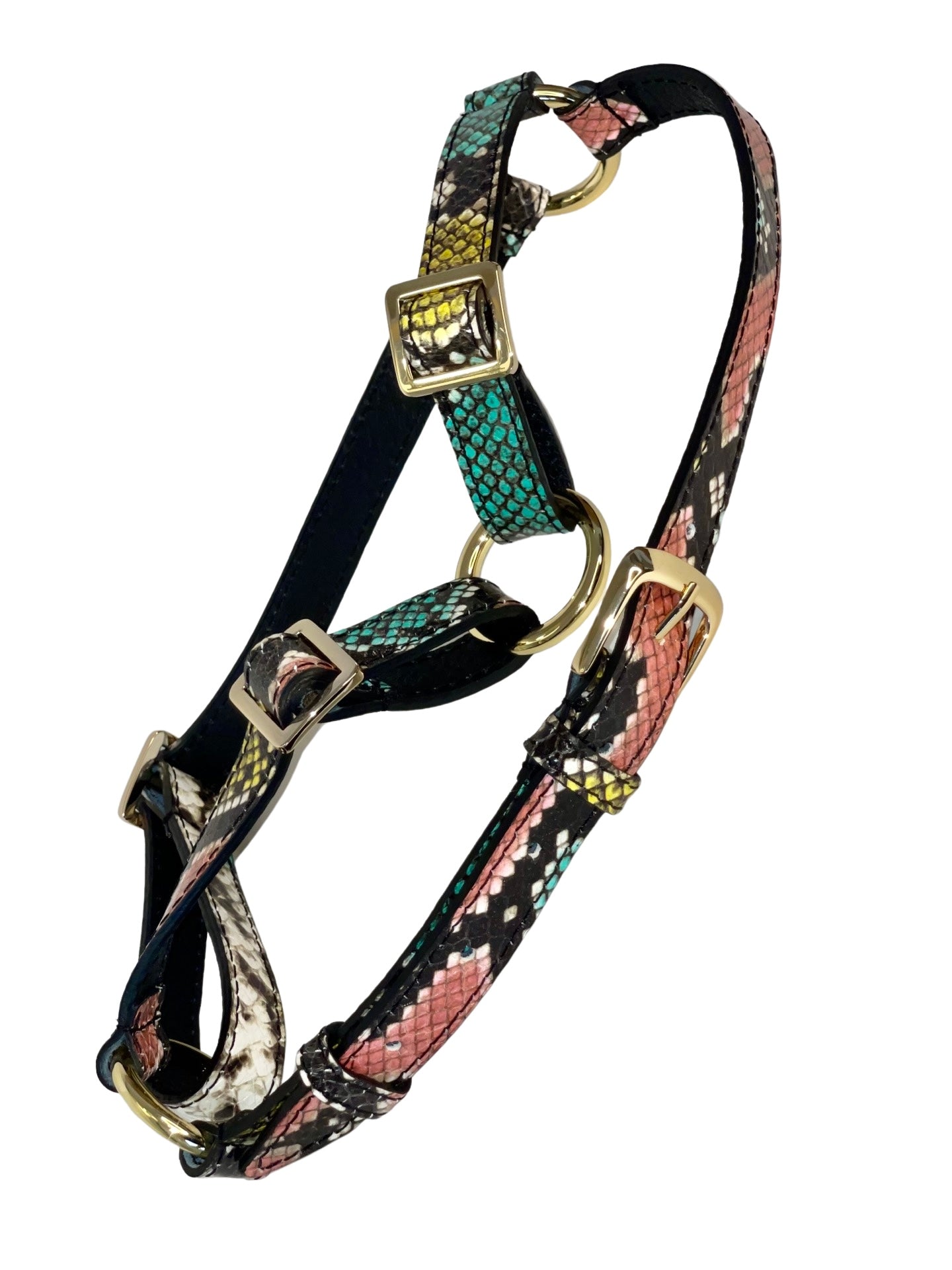 Multi-color embossed snake Italian leather dog harness displayed flat showing adjustable straps