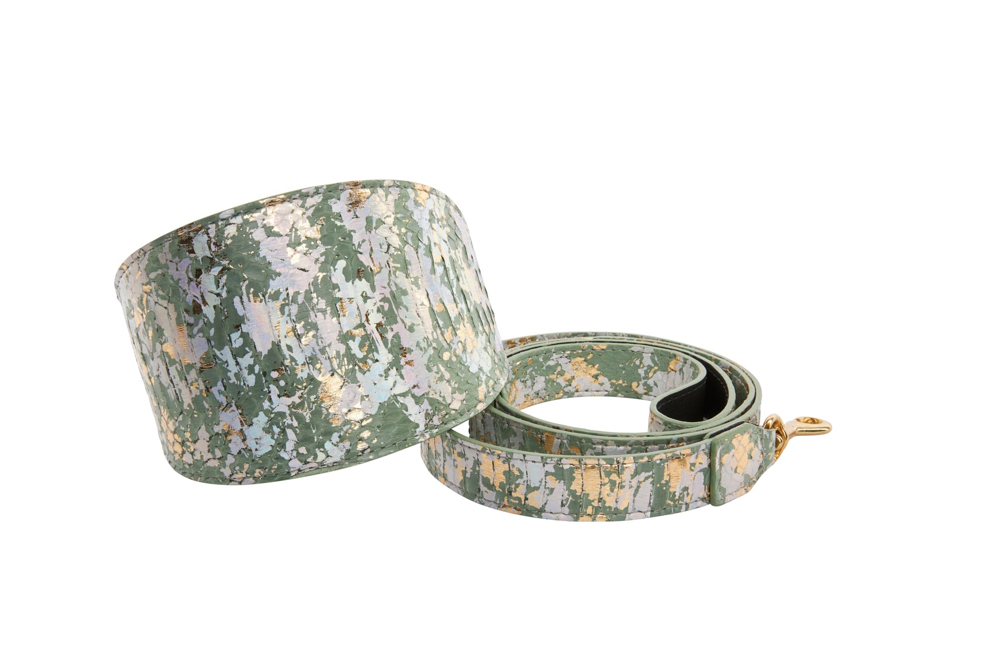 Luxury pet collar and leash set with snakeskin texture in Art Deco style by Allysa Payne Beverly Hills
