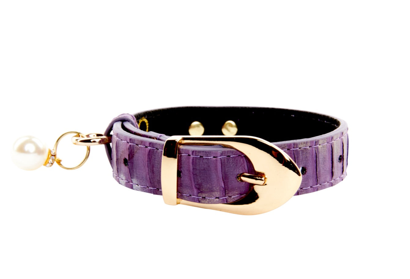 XS Purple and Silver Snake Dog Collar with Vintage Hardware and Pearl Charm