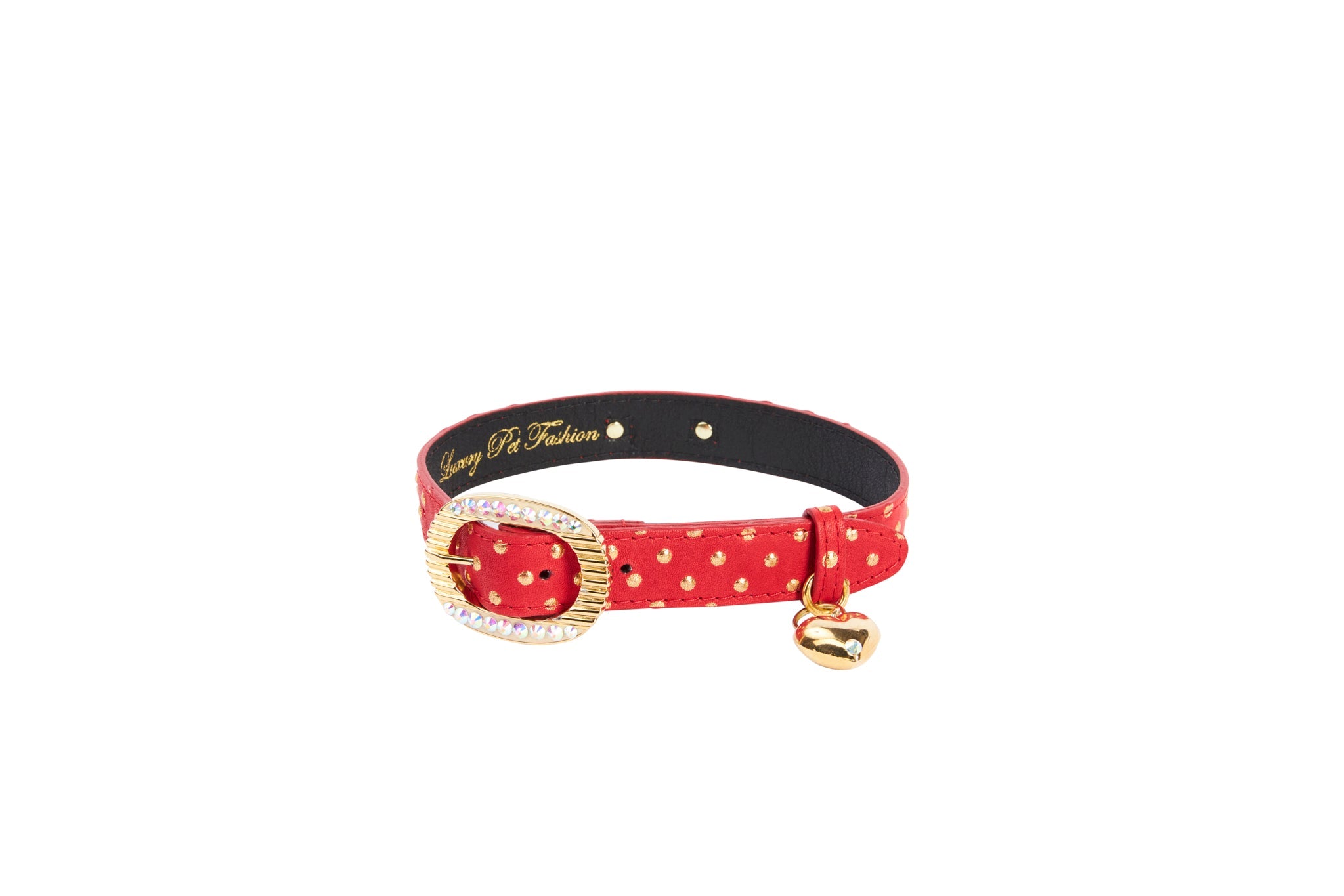 Red & Gold Polka Dot Italian Leather Collar With Italian/Swarovski