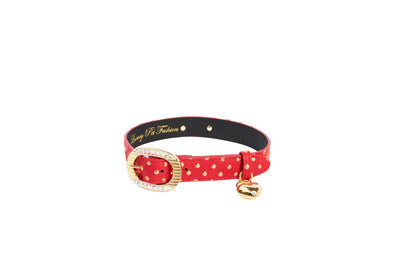 Red & Gold Polka Dot Italian Leather Collar With Italian/Swarovski