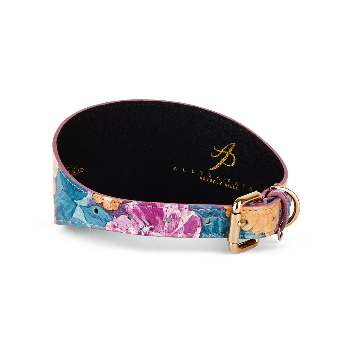 Curved 3-inch wide Italian leather dog collar with colorful floral print and gold-tone buckle and ring, interior in solid black with gold lettering.