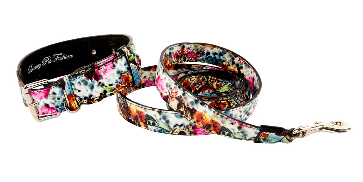 Italian leather dog collar and matching leash in a floral skull and snake print with vibrant colors and a silver metal buckle and clip.