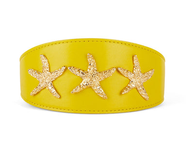 Smooth yellow Italian leather collar three inches wide with custom gold starfish embellishment