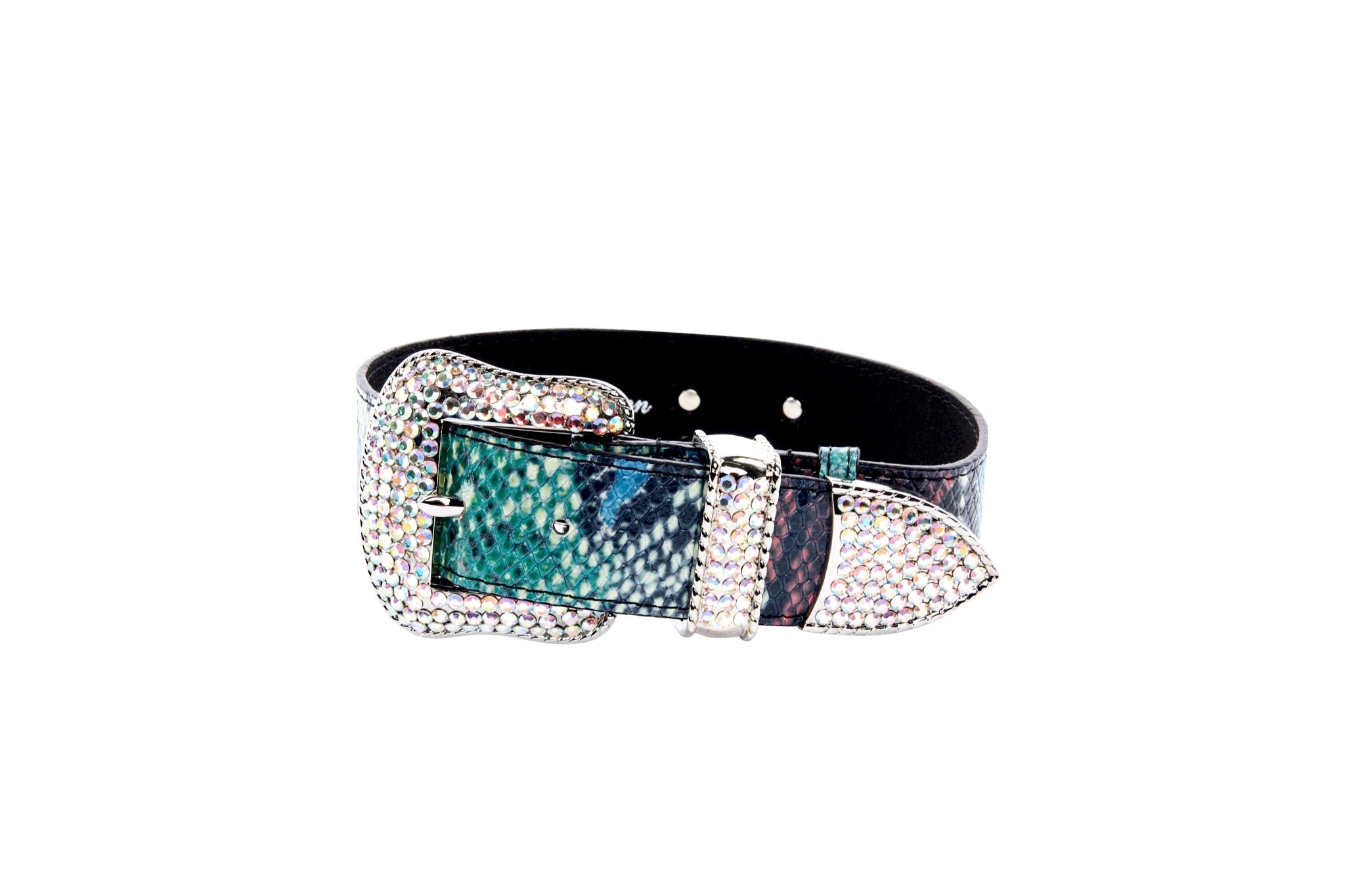 Green, Blue, Black, Red Embossed Snake Italian Leather Collar With