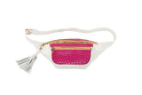 Pearl white leather fanny pack with bright fuchsia woven tilapia front pocket and gold zippers, featuring a white leather tassel and adjustable strap.