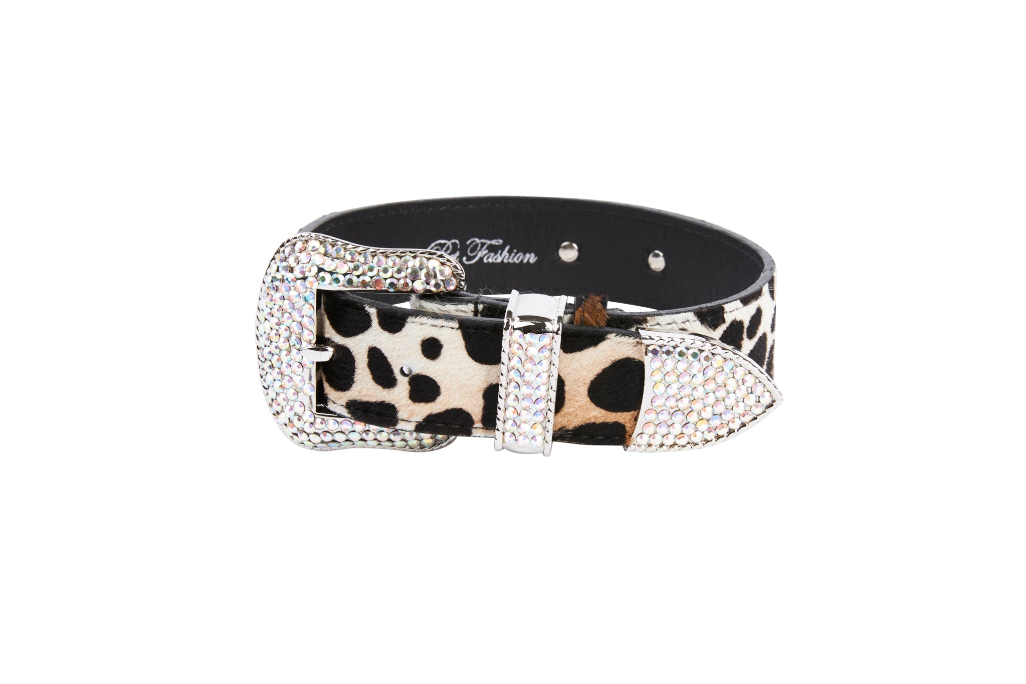 Snow Leopard Print Hair On Hide Italian Leather Collar With Swarovski
