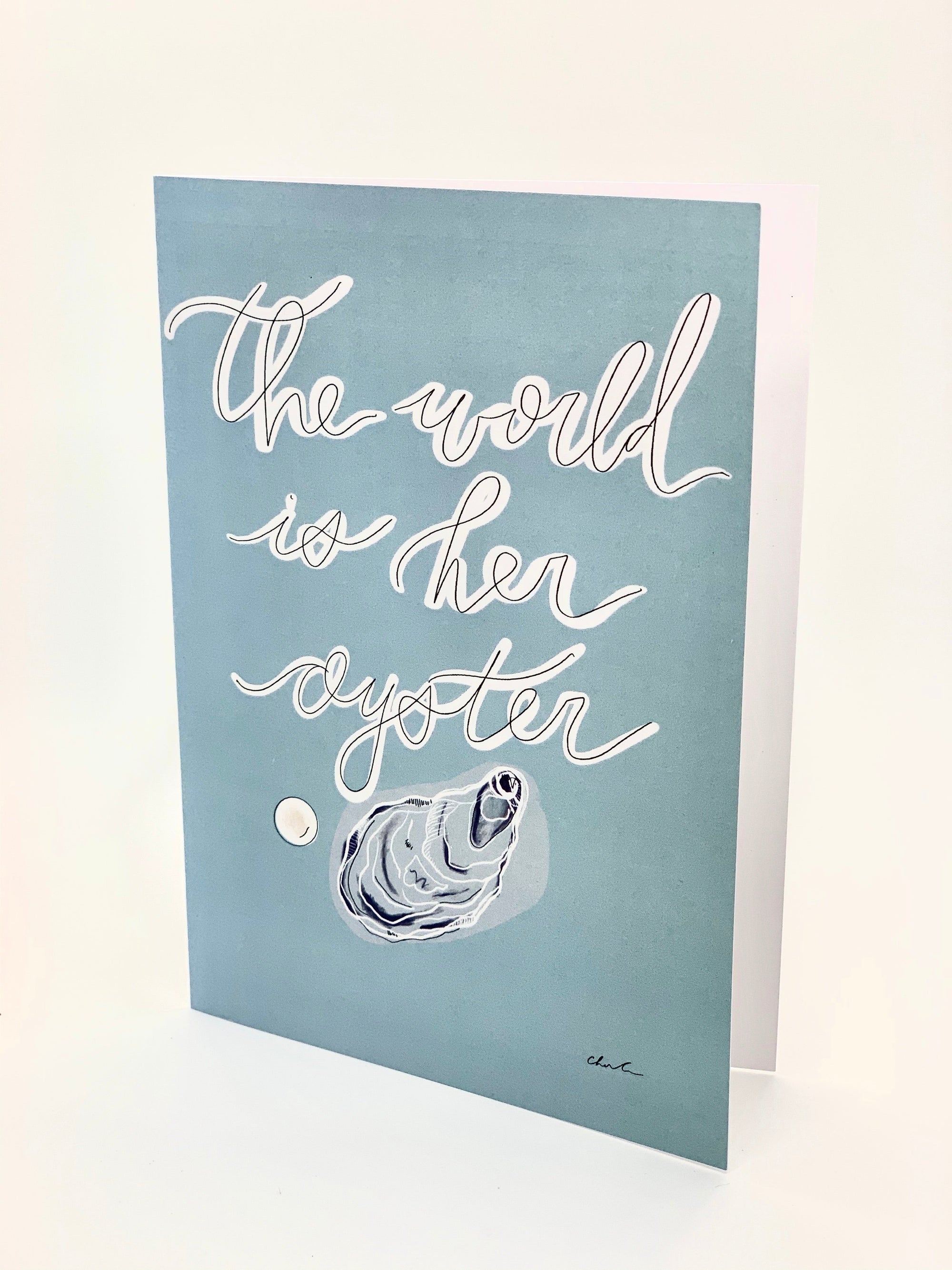 The World is Her Oyster -5x7 Card/Print shown in coastal style room setting