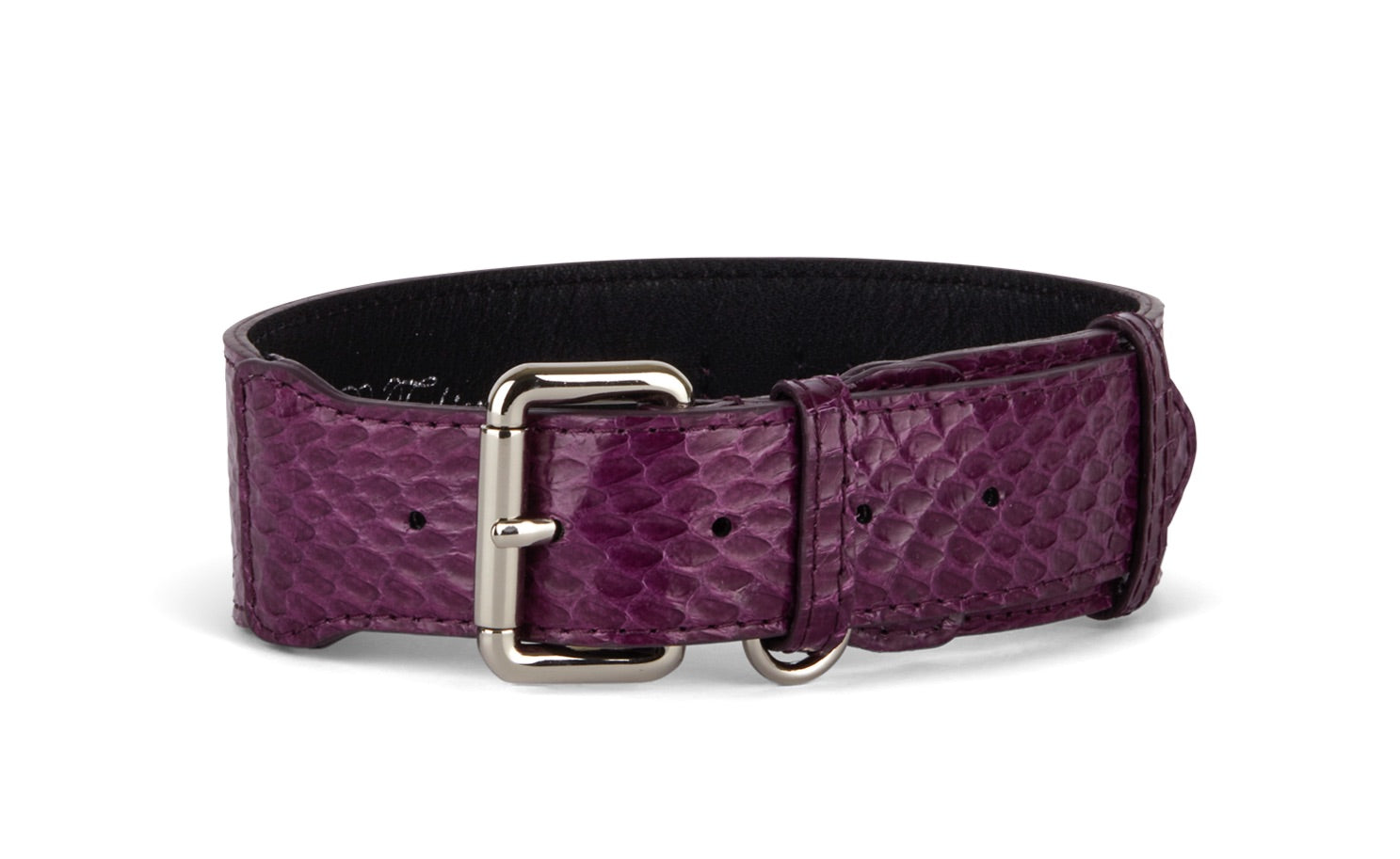 Eggplant purple snake silver classic collar displayed flat on light background
