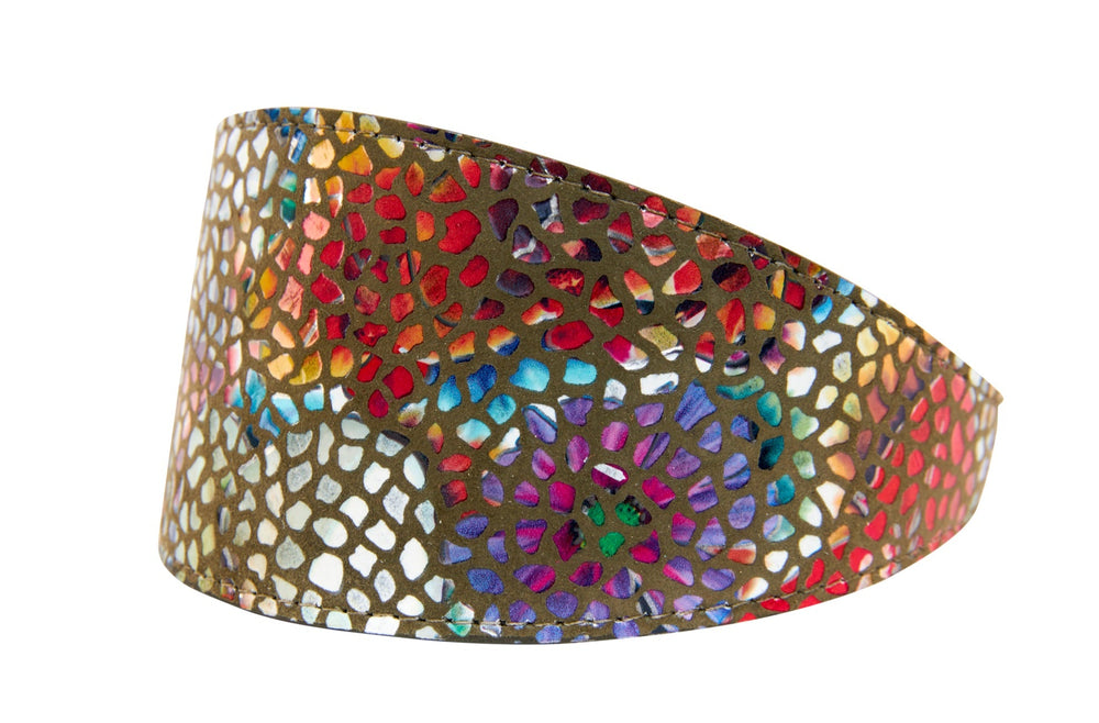 Curved 3-inch wide leather collar in olive tone featuring a colorful floral mosaic pattern with red, blue, purple, and white accents on a white background.