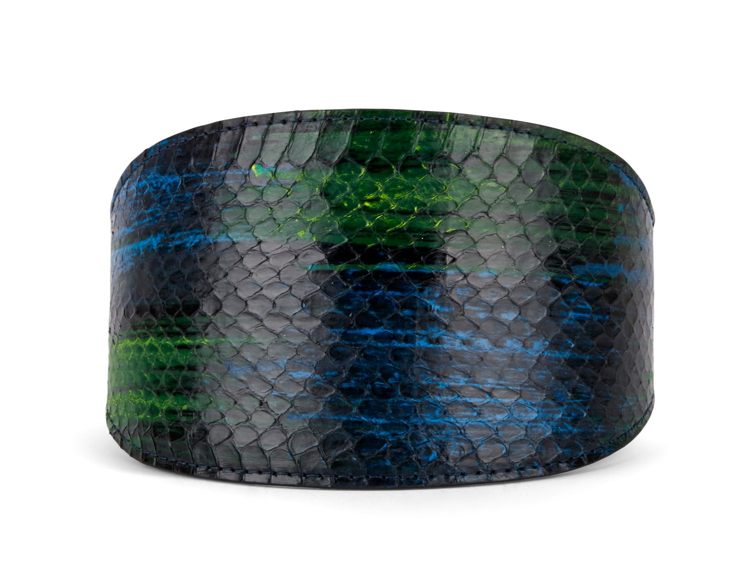 Blue, green, black, and yellow snake patterned 4 inch wide collar with gold hardware laid on a neutral surface