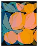 Abstract Citrus #1 botanical art print showing layered citrus shapes in vibrant orange and yellow tones on a muted background.