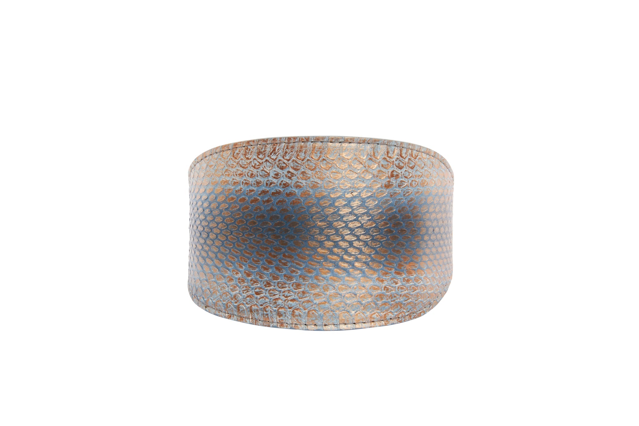 Luxury Pet Fashion baby blue, blue, and bronze snake patterned pet collar with black leather lining