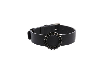 Black Italian Leather Collar With Authentic Crystal Ring/Reversible