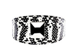 Wide black and white snake-patterned collar with a large square silver rivet centered on its front, shown against a white background.