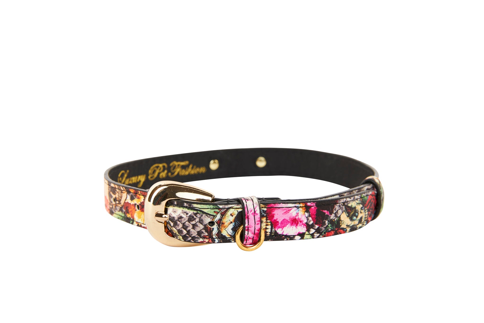 Floral, Scull, Snake Print Italian Leather Collar With Gold Oval by Allysa Payne Beverly Hills - product image 2 for Resin Society