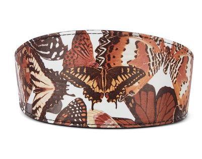 Butterfly Print Italian Leather 3” Wide Style Collar laid flat showing detailed butterfly pattern