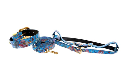 Blue Floral Mosaic Italian Leather/Swarovski Crystal Collar, Leash, Harness Set
