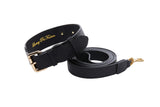 Classic Black Italian Leather Collar & Leash Set laid flat showing collar and attached leash