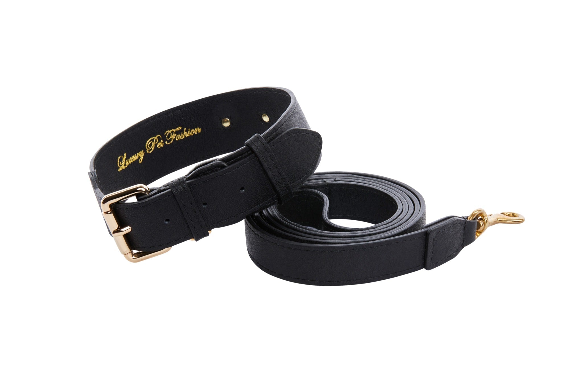 Classic Black Italian Leather Collar & Leash Set laid flat showing collar and attached leash