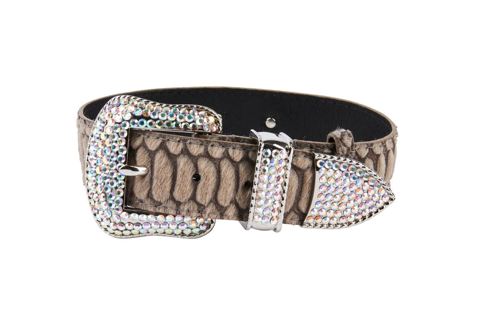 Grey hair-on-hide collar with snake print pattern featuring buckle, loop, and tip adorned with multifaceted clear Swarovski crystals.