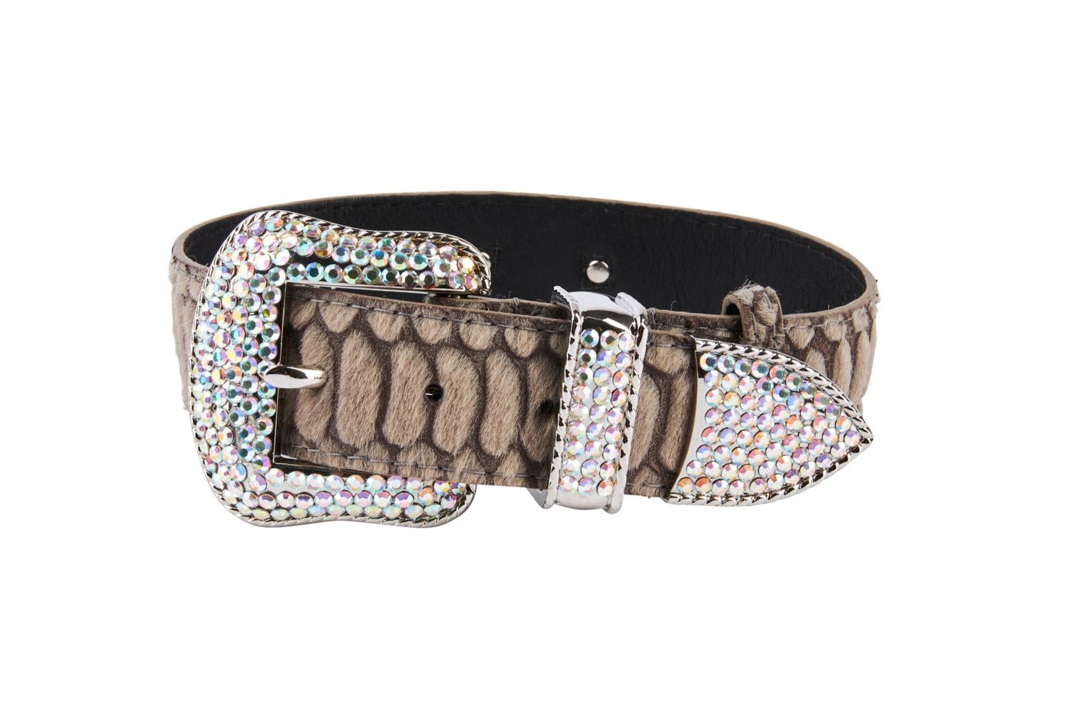 Grey Snake Print Hair On Hide Italian Leather Collar With Swarovski