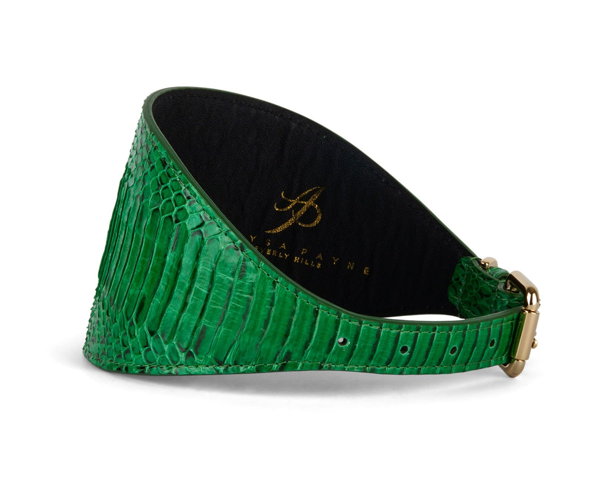 Emerald green snake-textured 4-inch wide collar with gold buckle and black inner lining stamped with gold logo lettering.