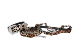 Snow leopard print dog collar, leash, and harness set with Swarovski crystals on Italian leather