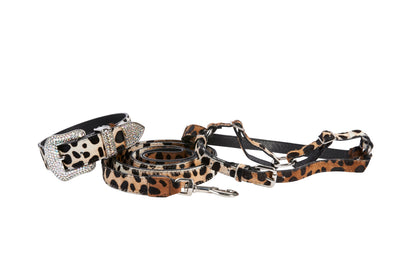 Snow leopard print dog collar, leash, and harness set with Swarovski crystals on Italian leather