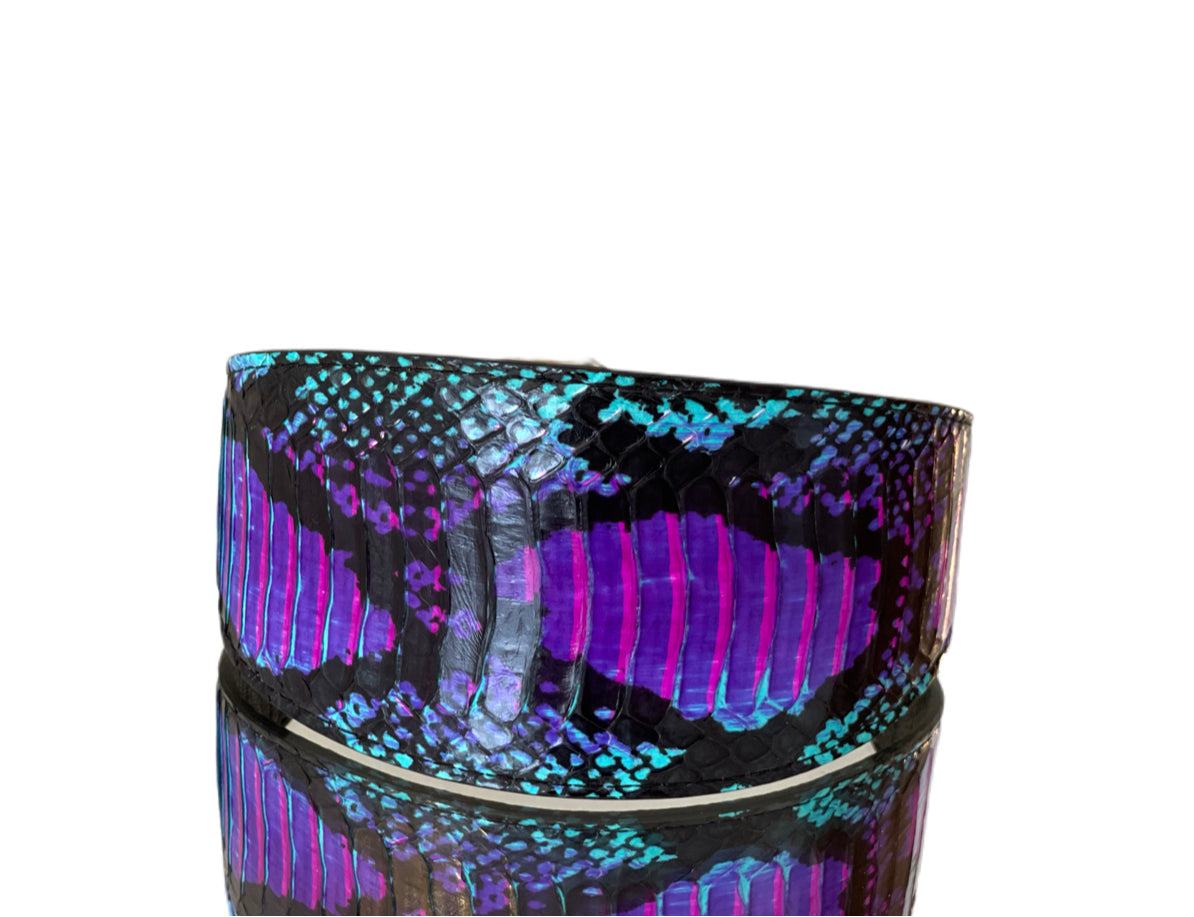 Purple turquoise black custom snakeskin pet collar with Italian leather lining